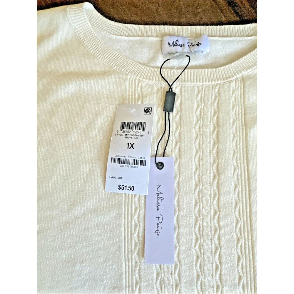 Melissa Paige Plus Size Cable-Knit Dropped-Shoulder 3/4-Sleeve Sweater Beige 1X